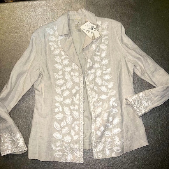 J Jill 100% Linen lined jacket blazer size 12 embroidered NWT oatmeal - Picture 1 of 3